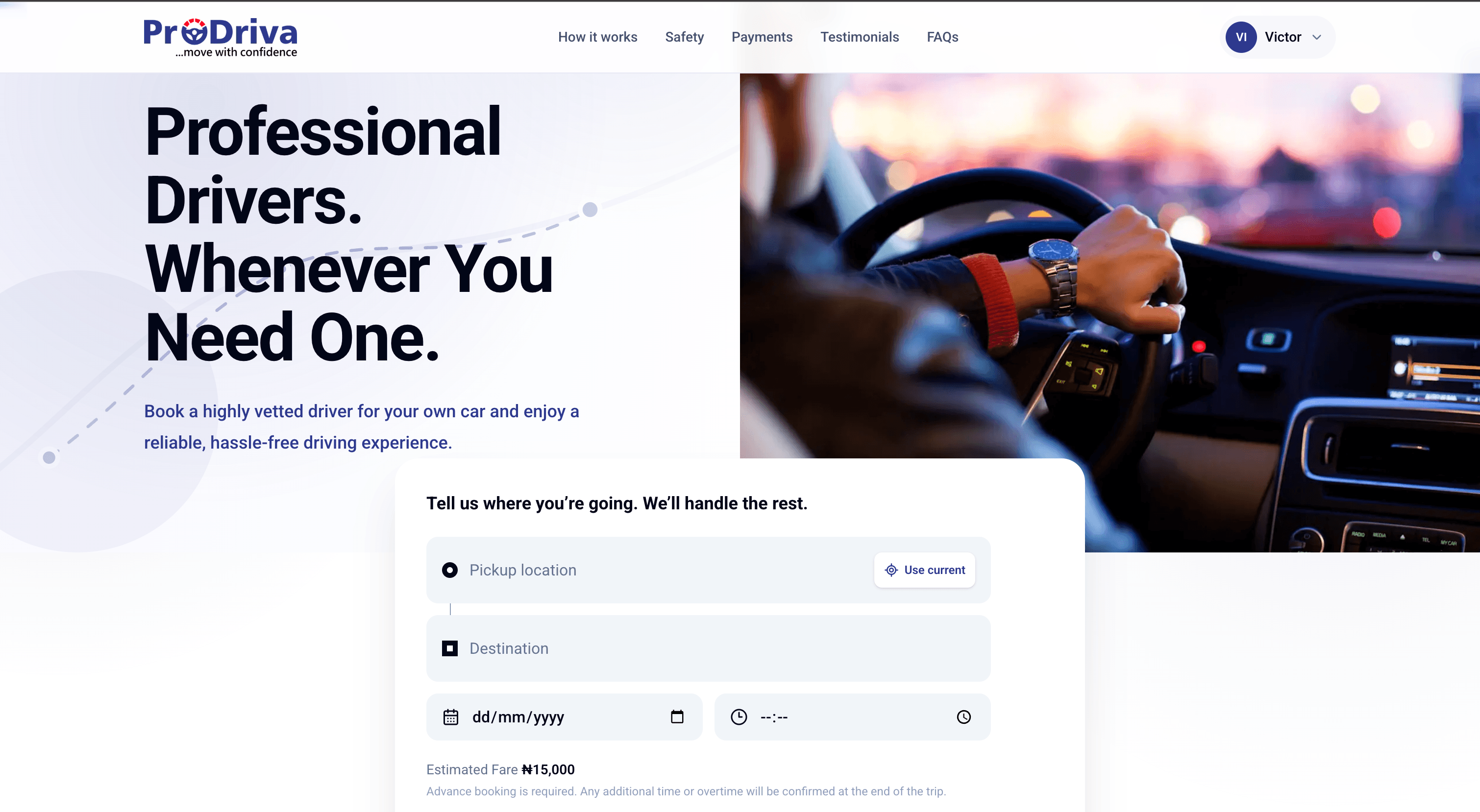 ProDriva booking page showing pickup location, destination, date and time fields, and an estimated fare.